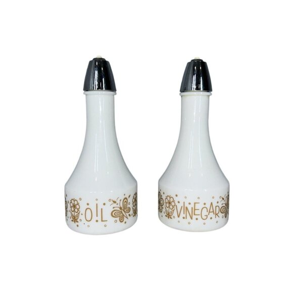 Vintage CORNING CORELLE BUTTERFLY GOLD 6 7/8" Oil & Vinegar Shakers W Lids Cruet